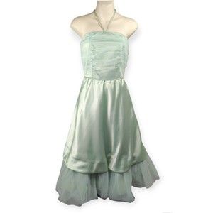 Vintage 50s Tulle Prom Dress Seafoam Green Satin Silk Halter Ruched Mint XXS XS